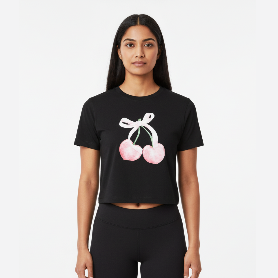 Black Crop Top With "Peach" Printed