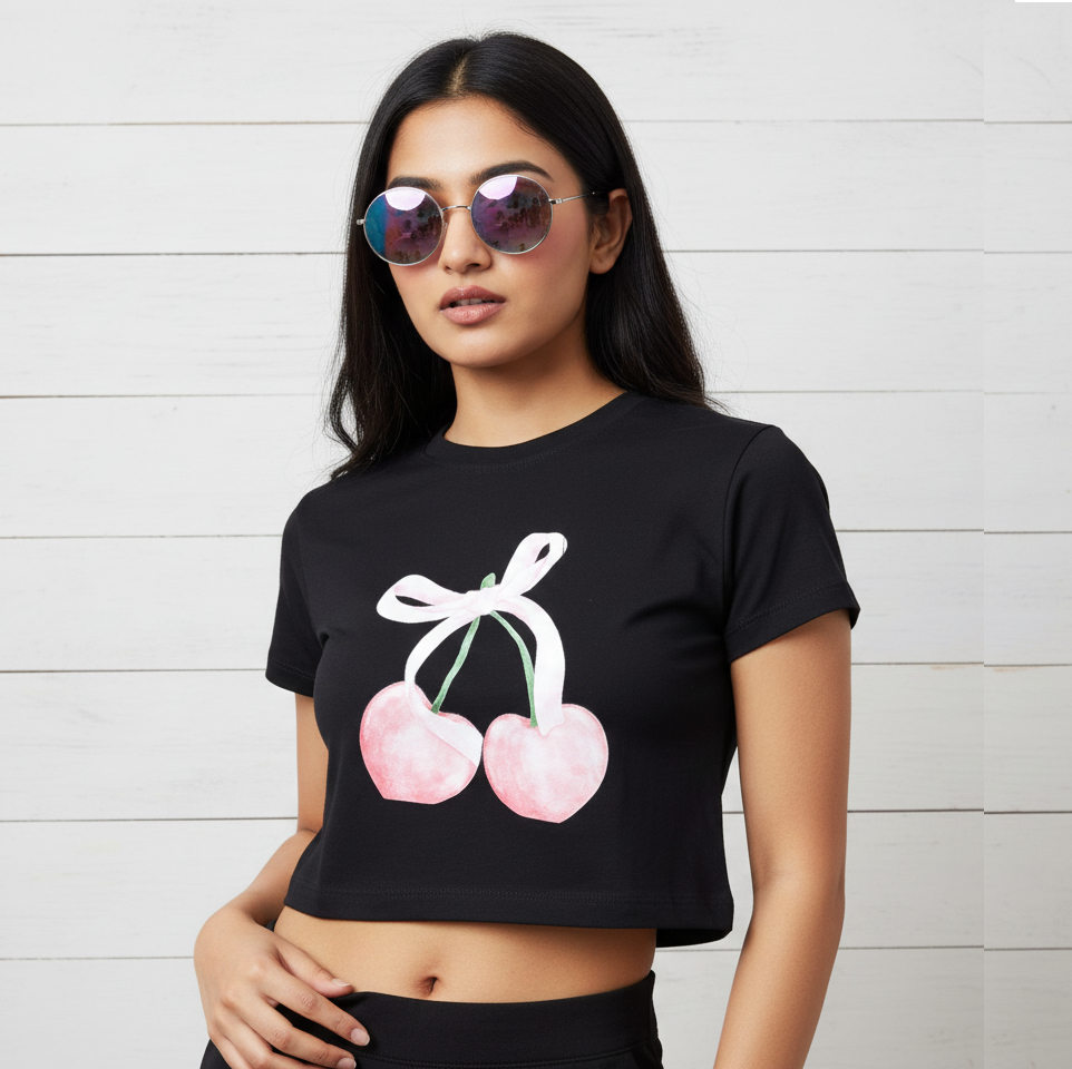Black Crop Top With "Peach" Printed