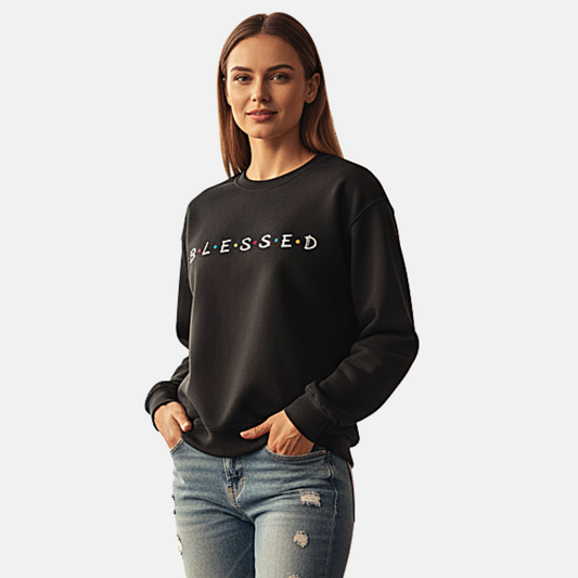 RoMan Creations "Blessed" Graphic Black Crewneck Sweatshirt