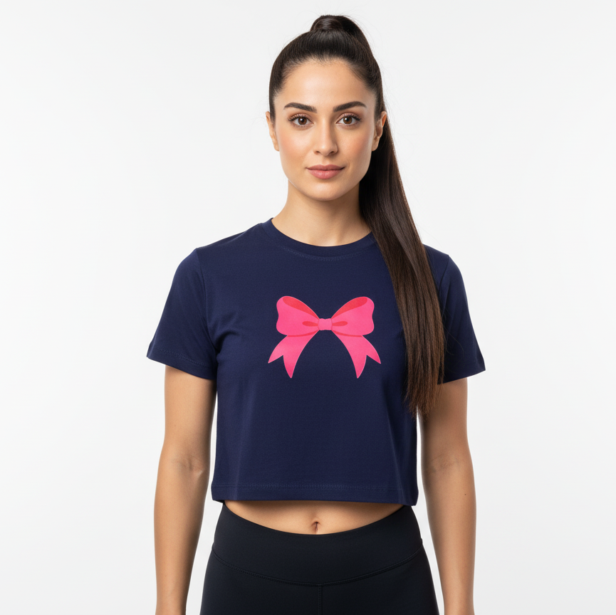 Navy Blue Crop Top With "Ribbon" Printed