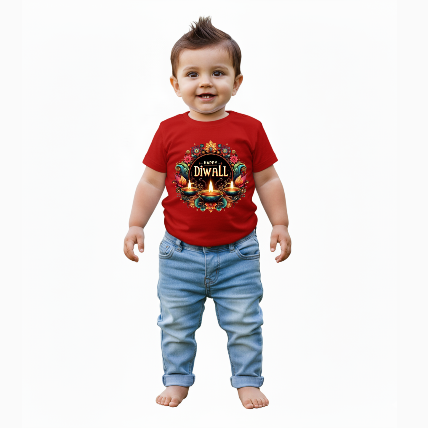 Baby's Red Infant T-shirt with Printed a "Happy Diwali With Diya" Design