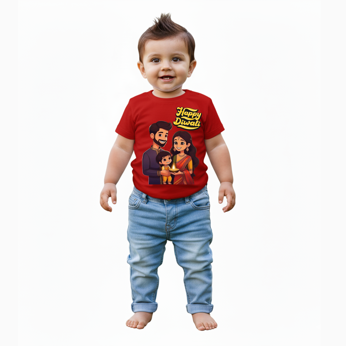 Baby's Red Infant T-shirt with Printed a "Happy Diwali" Design