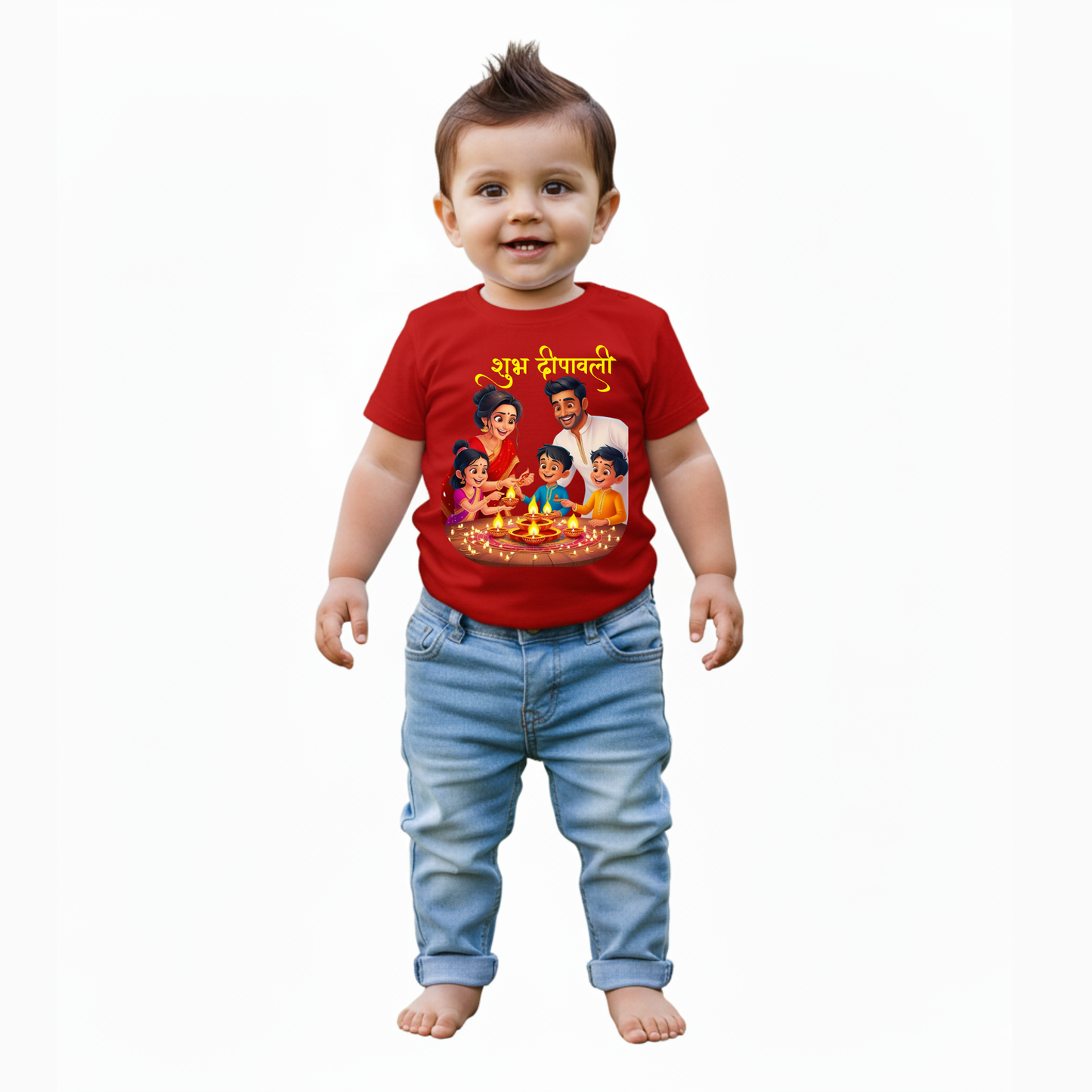 Baby's Red Infant T-shirt with Printed a "Subh Deepawali" Design