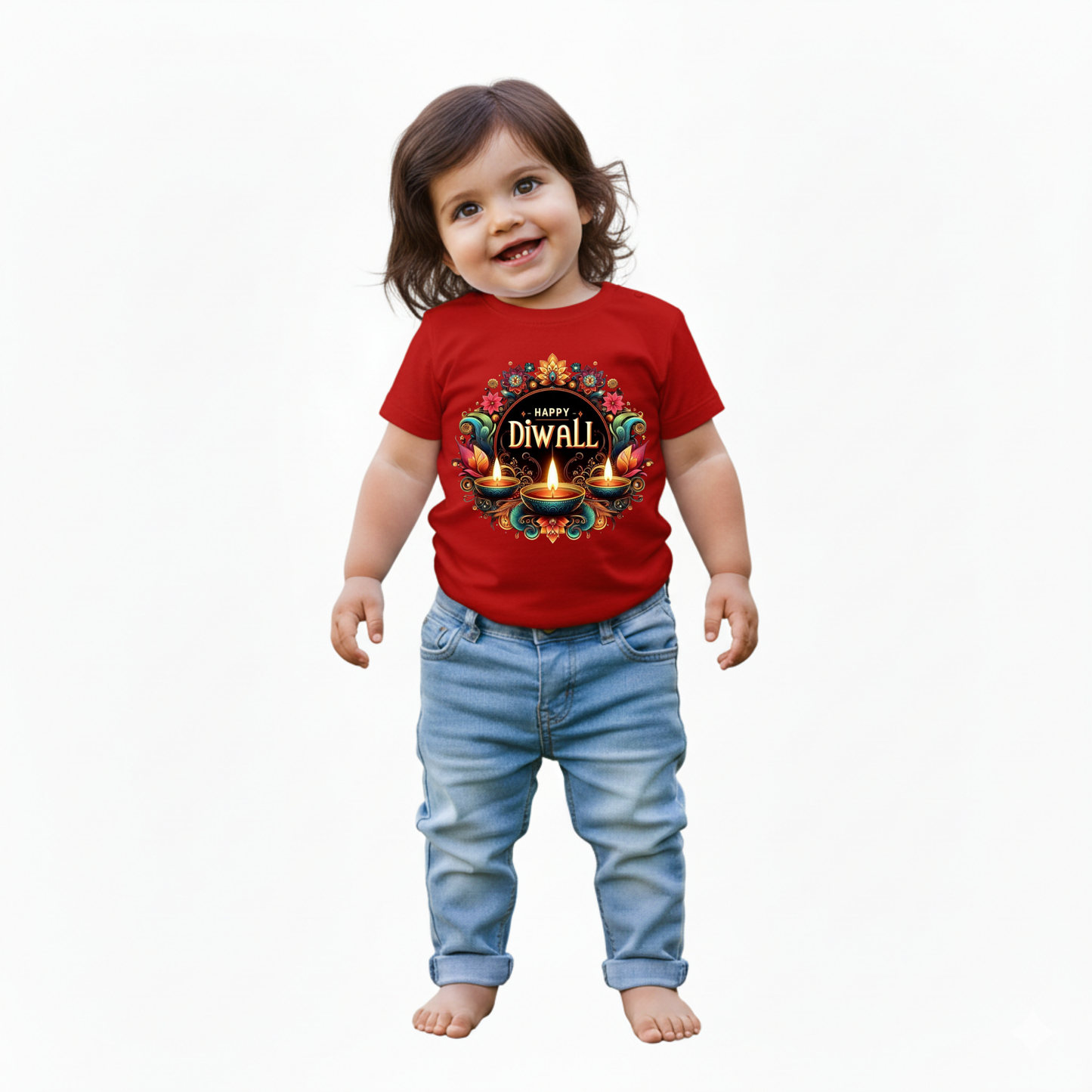Baby's Red Infant T-shirt with Printed a "Happy Diwali With Diya" Design