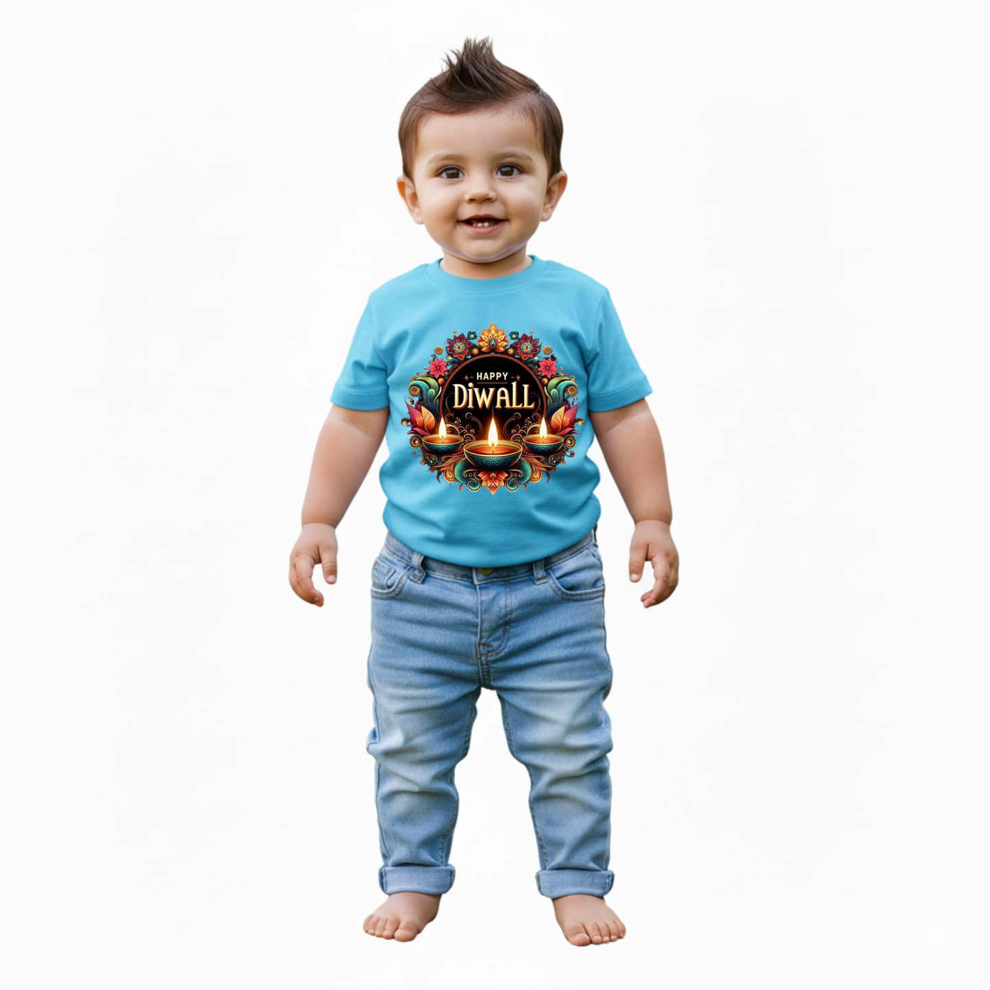 Baby's Sky Blue Infant T-shirt with Printed a "Happy Diwali With Diya" Design