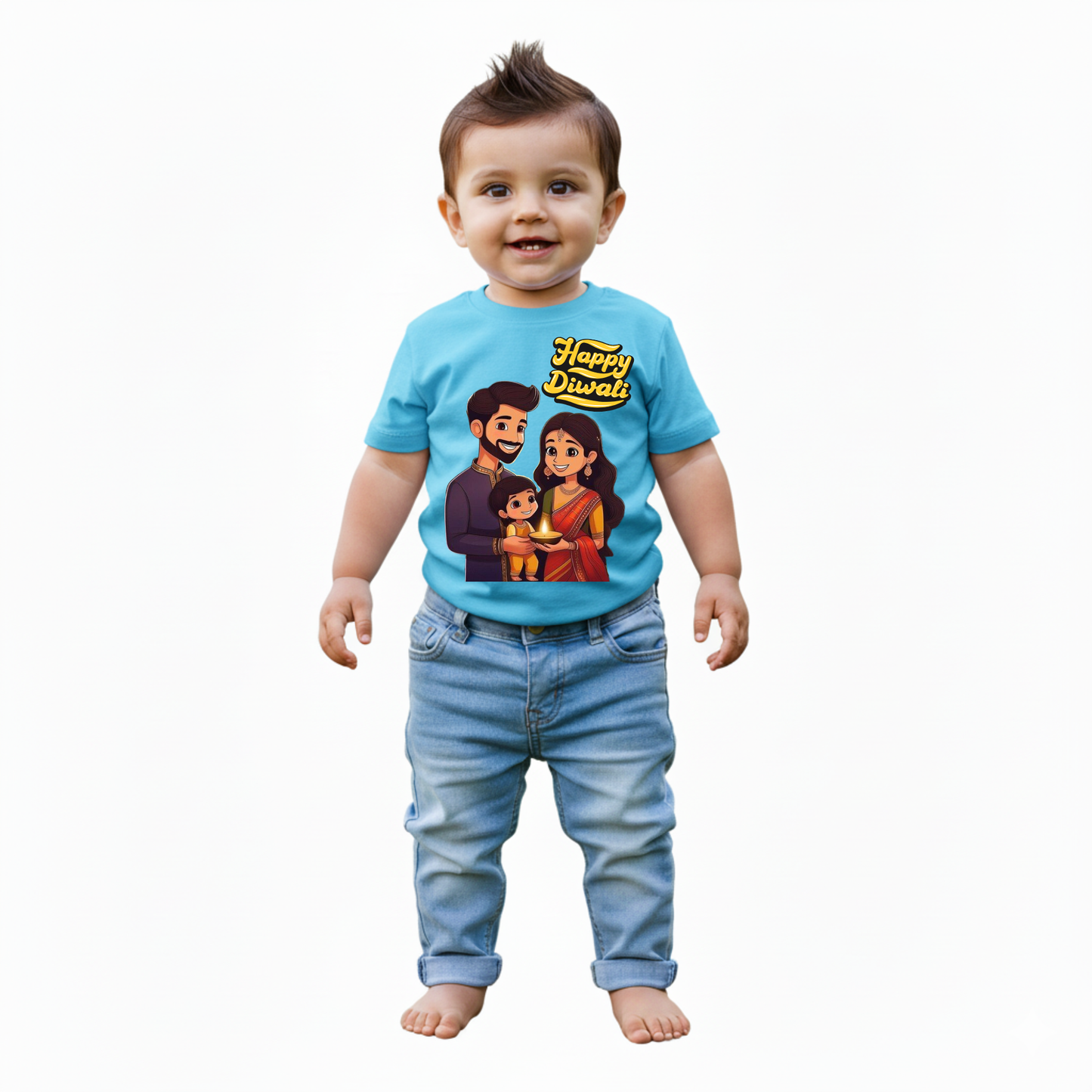 Baby's Sky Blue Infant T-shirt with Printed a "Happy Diwali" Design