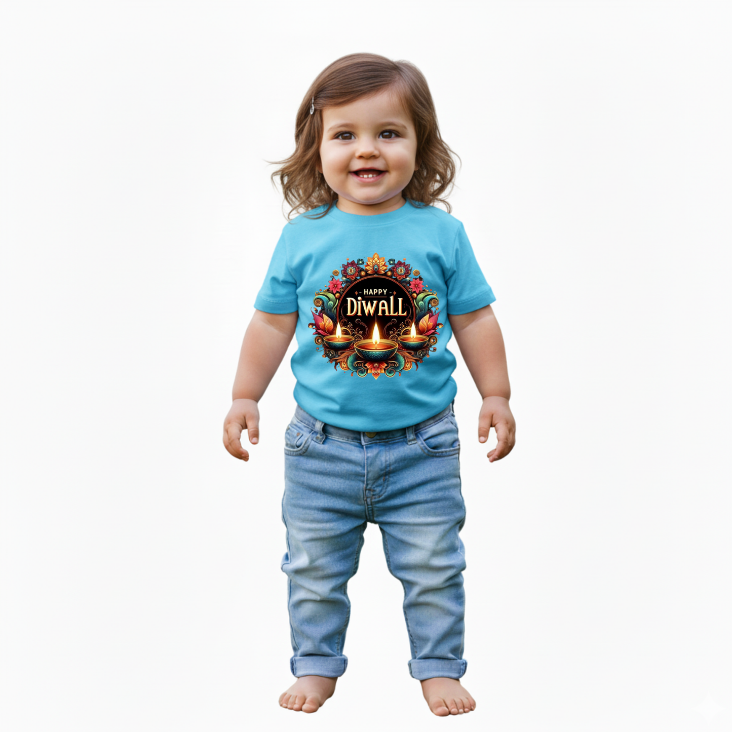 Baby's Sky Blue Infant T-shirt with Printed a "Happy Diwali With Diya" Design