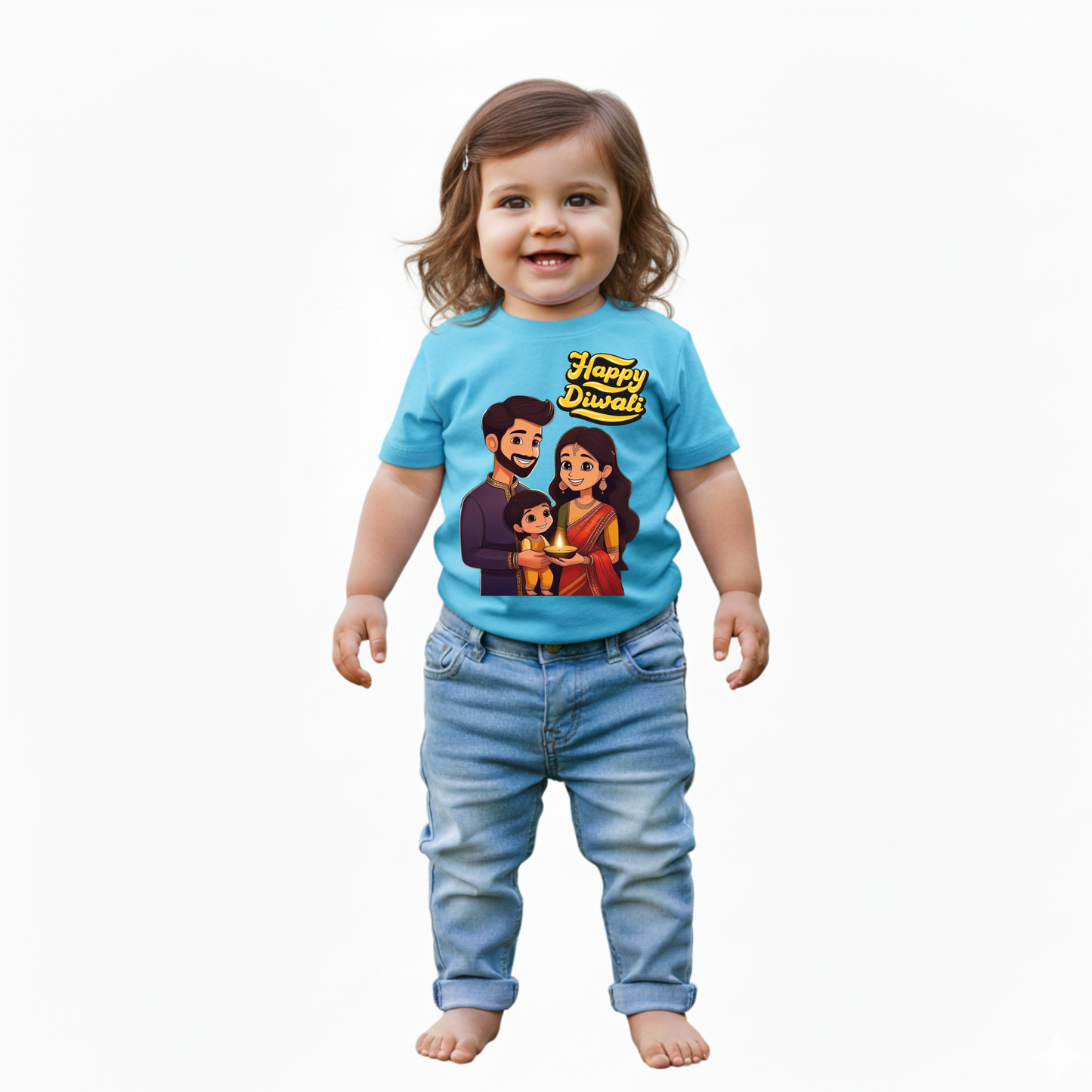 Baby's Sky Blue Infant T-shirt with Printed a "Happy Diwali" Design