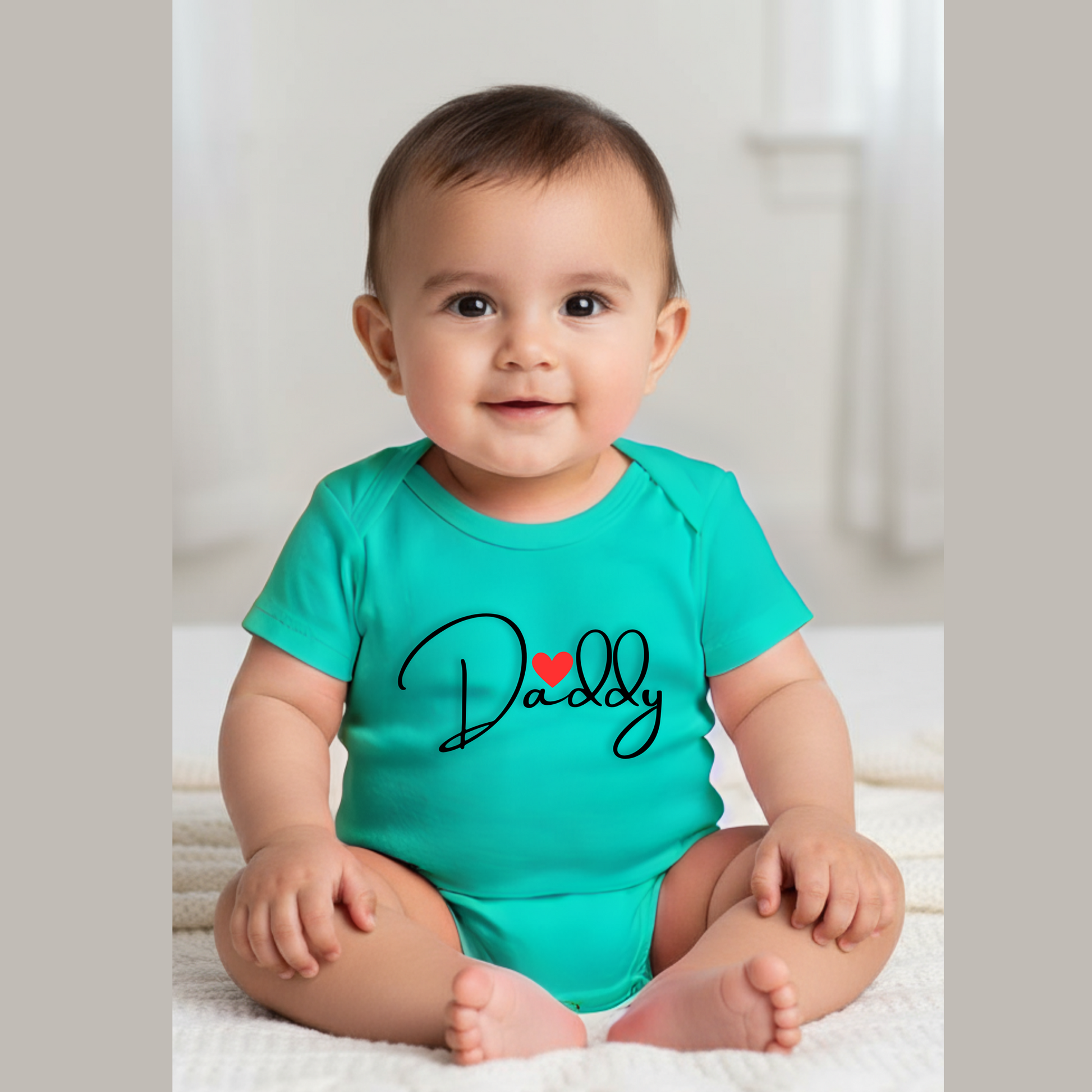 Baby's Teal Romper with Printed a Design "I love Daddy"