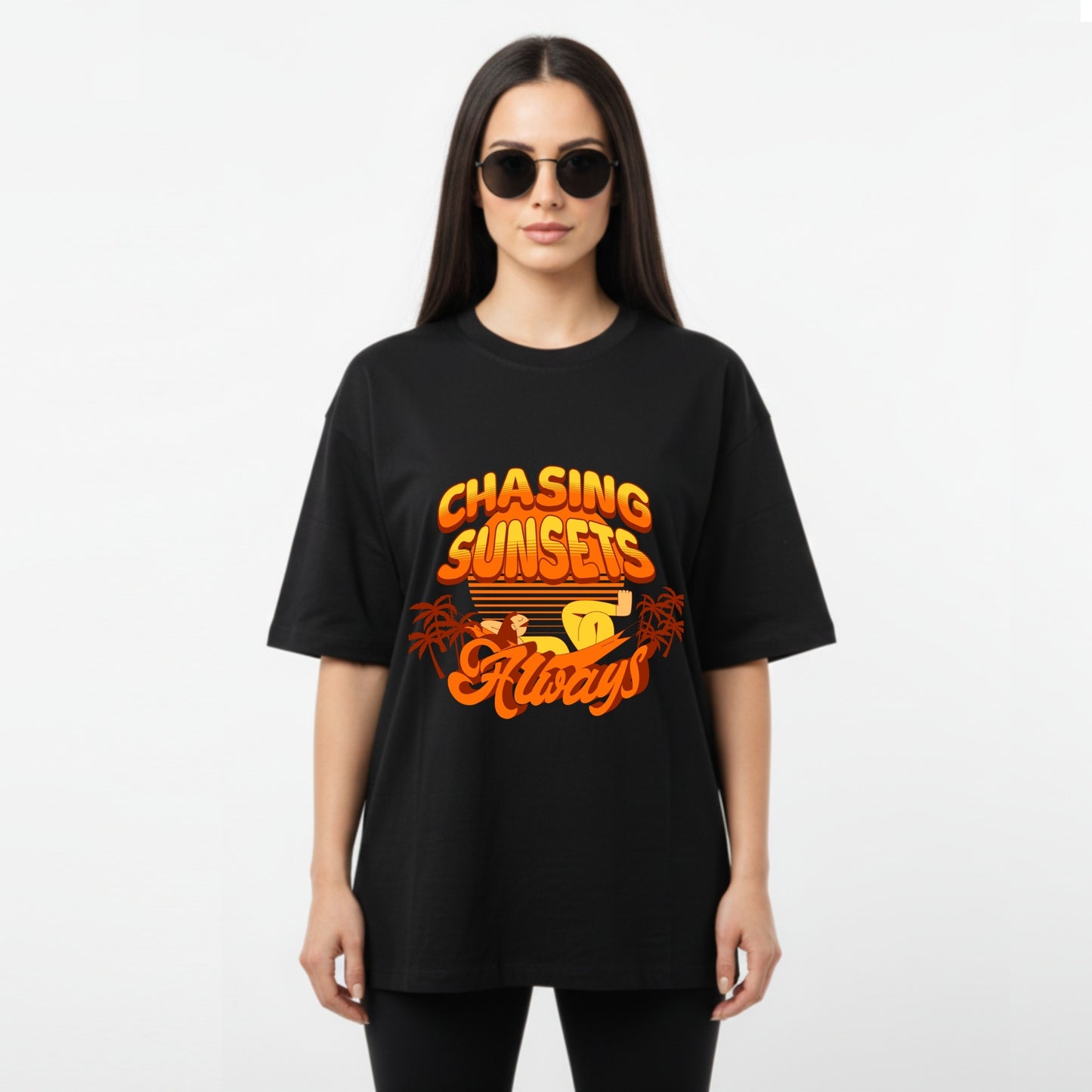 WoMen's Oversized T-Shirt With "Chasing Sunsets Always" Printed