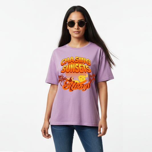 WoMen's Oversized T-Shirt With "Chasing Sunsets Always" Printed