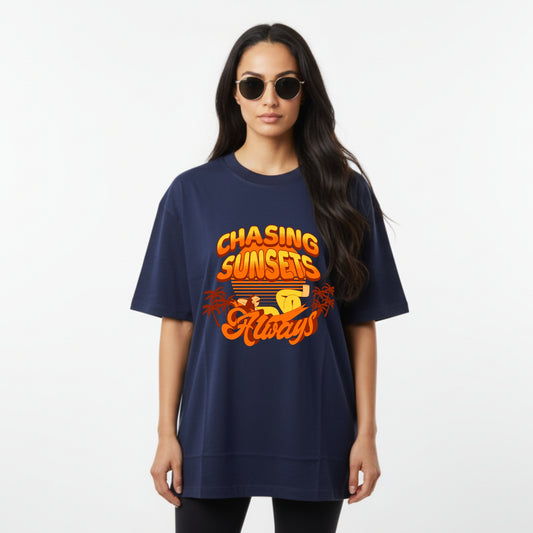WoMen's Oversized T-Shirt With "Chasing Sunsets Always" Printed