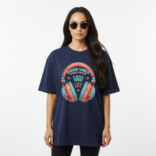 WoMen's Oversized T-Shirt With "GoodVibesGoodTimes" Printed