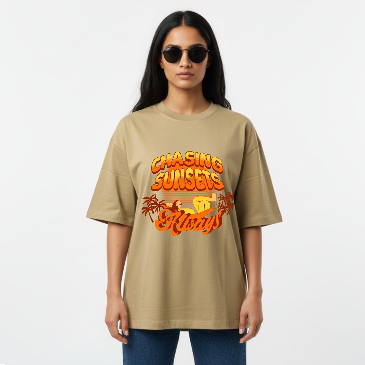 WoMen's Oversized T-Shirt With "Chasing Sunsets Always" Printed