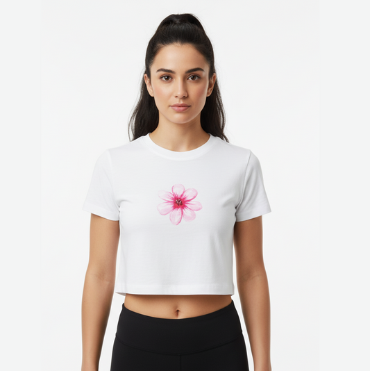 White Crop Top With "Single Flower" Printed