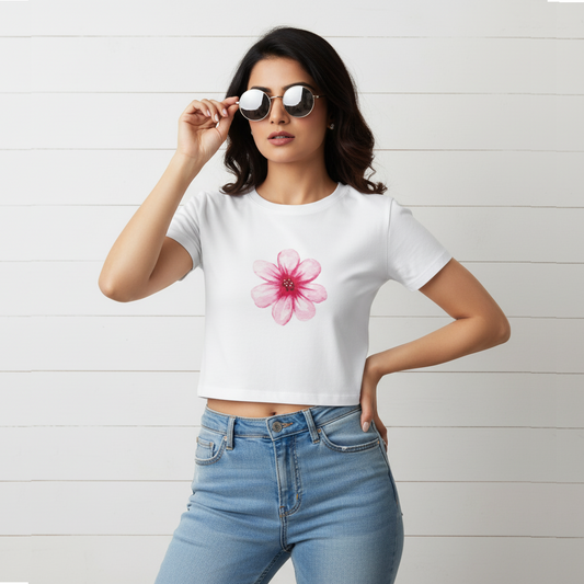 White Crop Top With "Single Flower" Printed