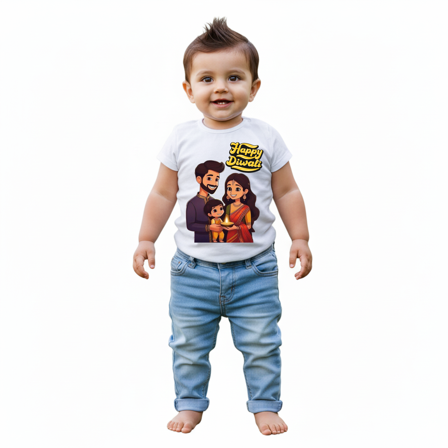 Baby's White Infant T-shirt with Printed a "Happy Diwali" Design