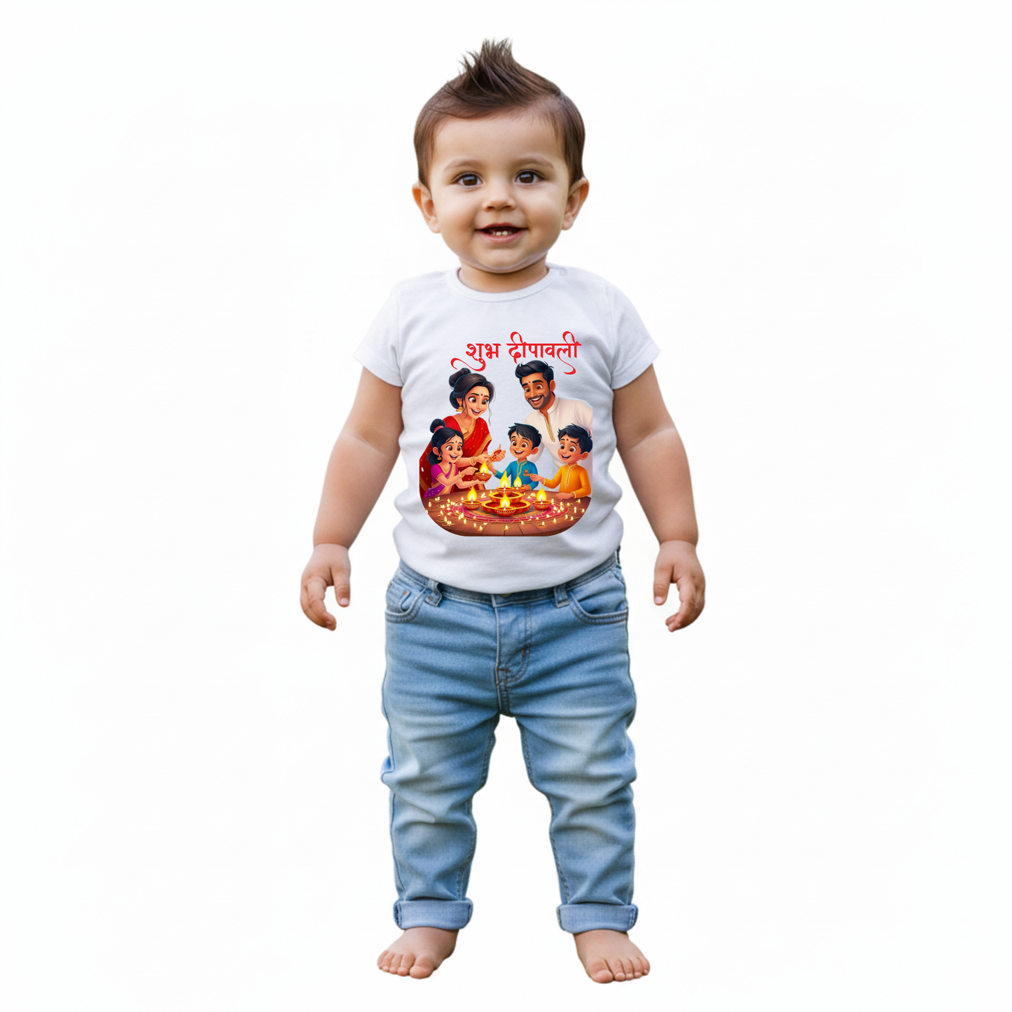 Baby's White Infant T-shirt with Printed a "Subh Deepawali" Design
