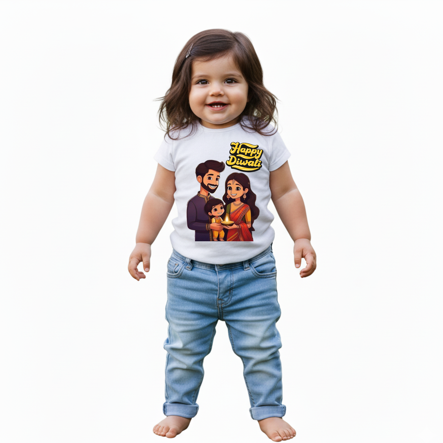 Baby's White Infant T-shirt with Printed a "Happy Diwali" Design