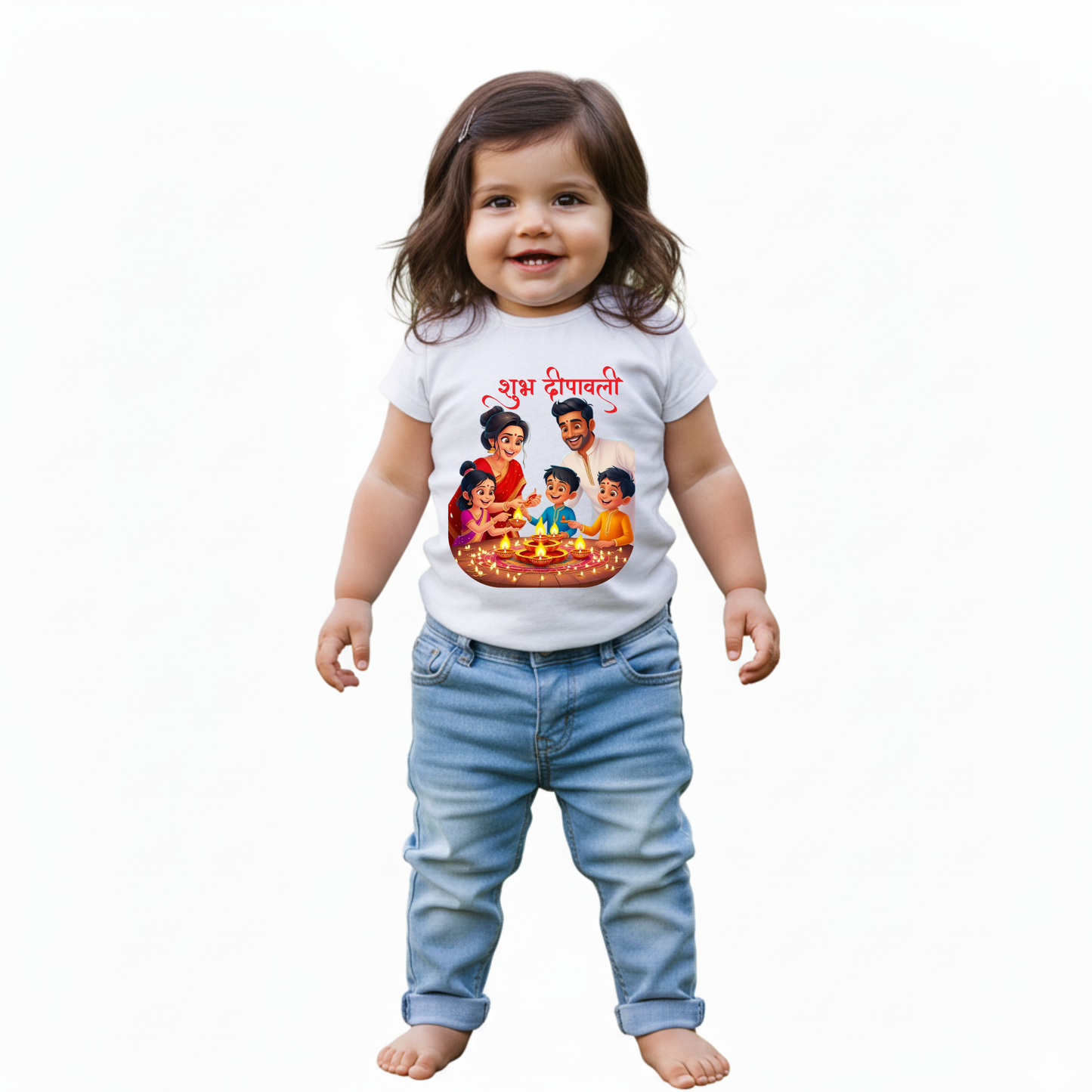 Baby's White Infant T-shirt with Printed a "Subh Deepawali" Design