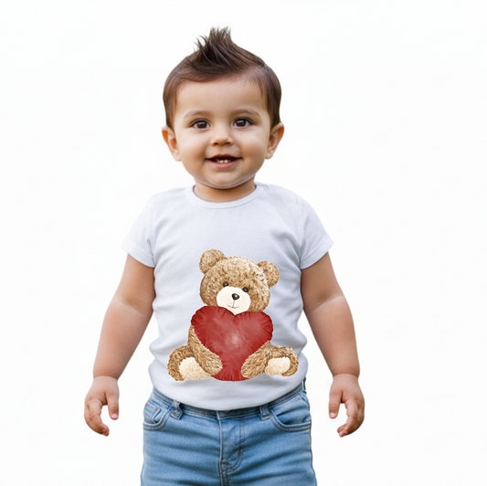 Baby's White Infant T-shirt with Printed a "Bear with Heart" Design