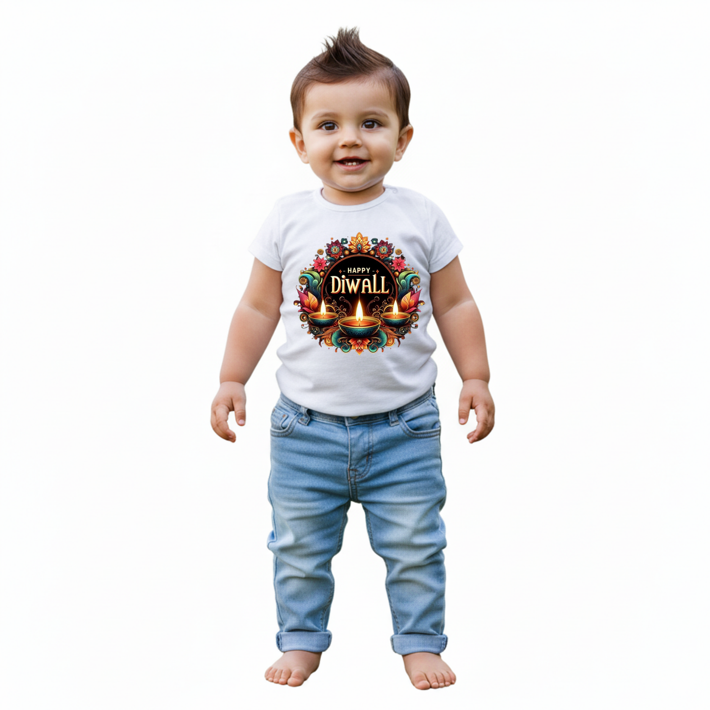 Baby's White Infant T-shirt with Printed a "Happy Diwali With Diya" Design