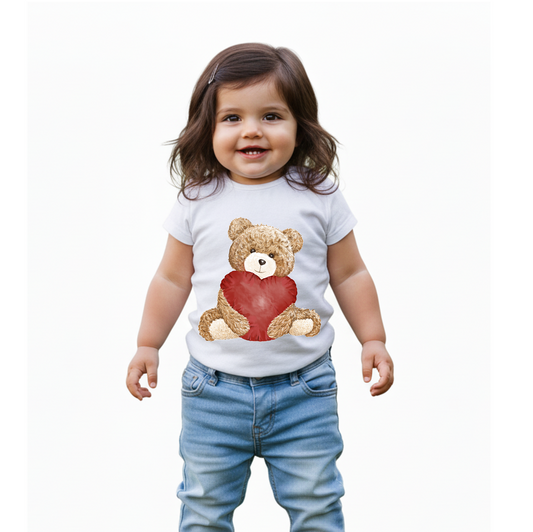 Baby's White Infant T-shirt with Printed a "Bear with Heart" Design