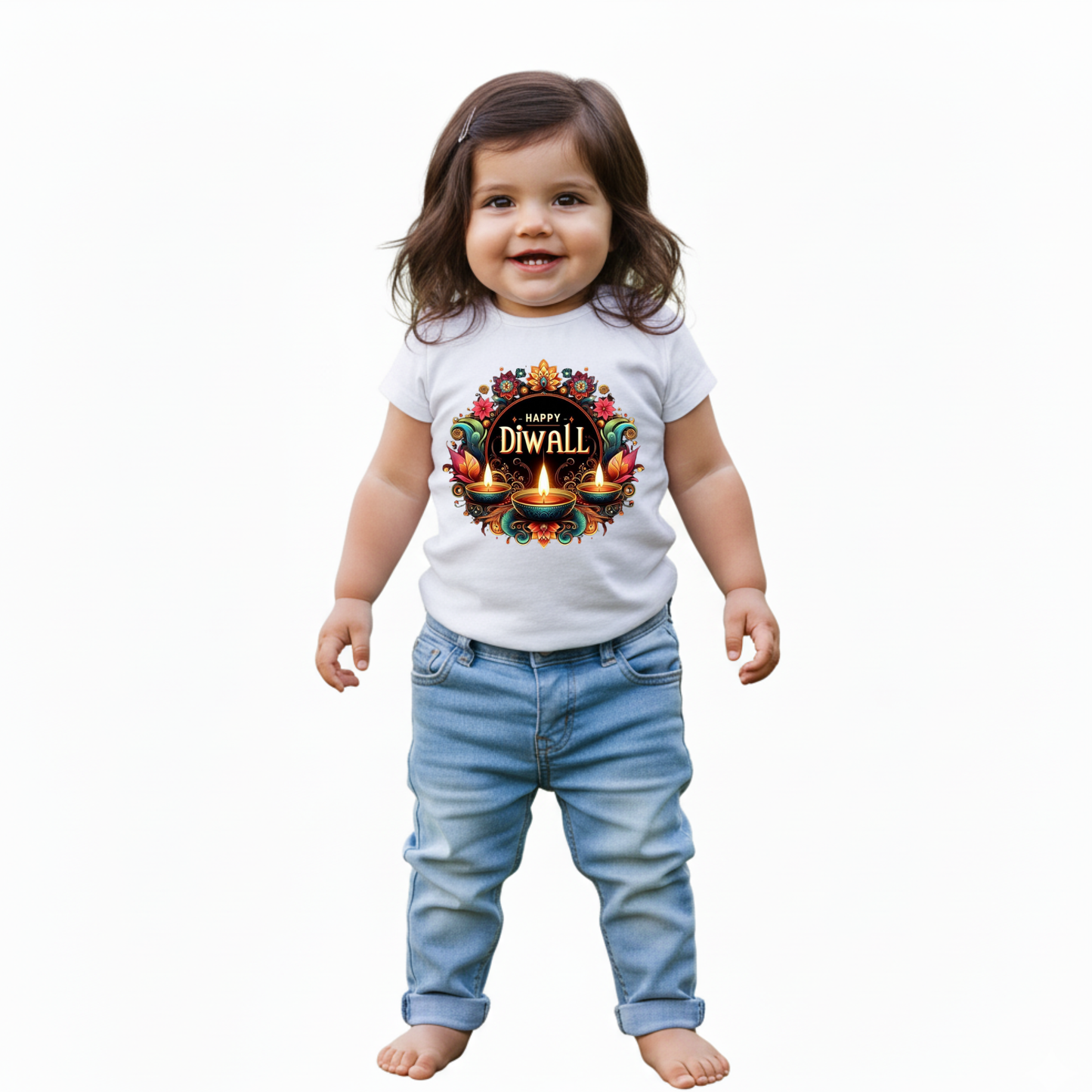 Baby's White Infant T-shirt with Printed a "Happy Diwali With Diya" Design