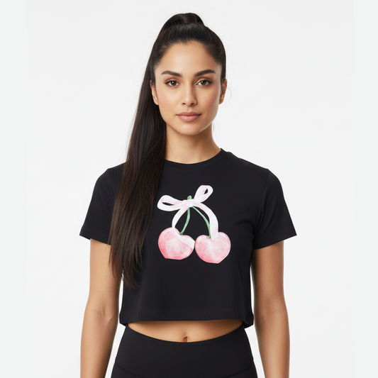 Black Crop Top With "Peach" Printed