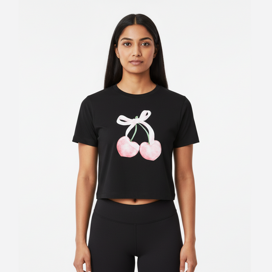 Black Crop Top With "Peach" Printed