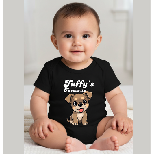 Baby's Black Romper with Printed a Design "Tuffy's Favourite"
