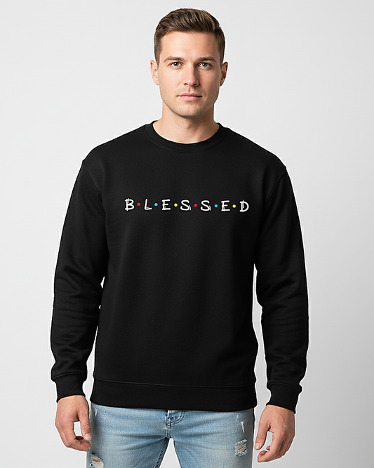 Soft Cotton Blend "BLESSED" Crewneck Sweatshirt - Black Heavy Material