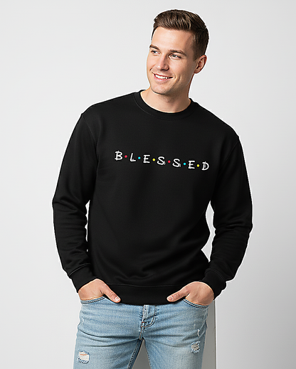 Soft Cotton Blend "BLESSED" Crewneck Sweatshirt - Black Heavy Material