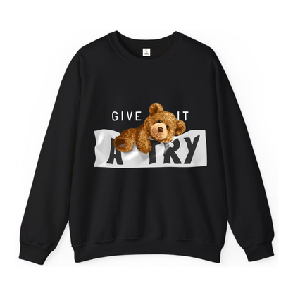 Give It A Try Black Crewneck Sweatshirt | Teddy Bear