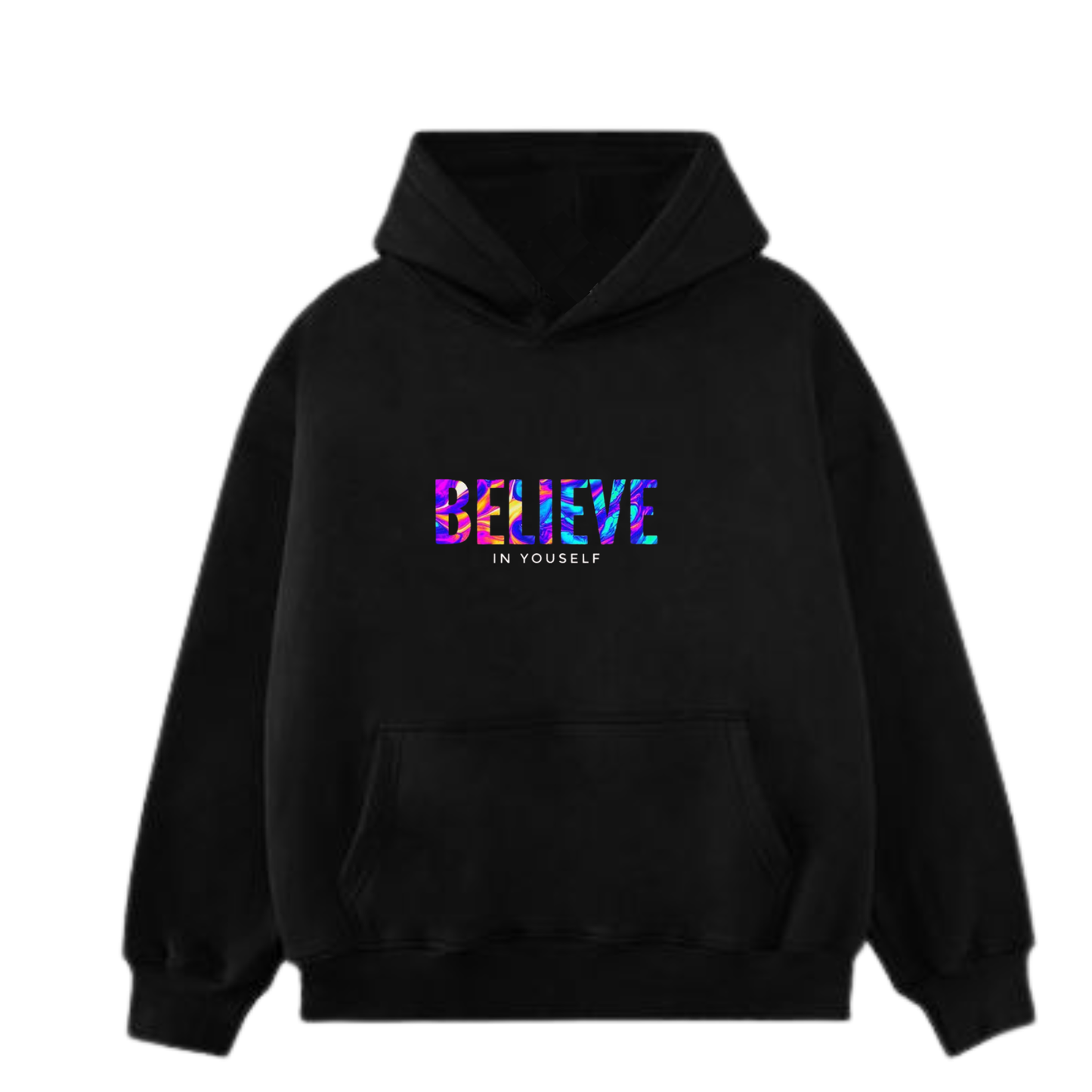 Premium Black Hoodie with Vibrant Believe Print - Roman Creations