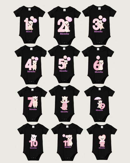 Unisex Baby Monthly Milestone Onesie Set (1-12 Months) - Pink Bear Rompers