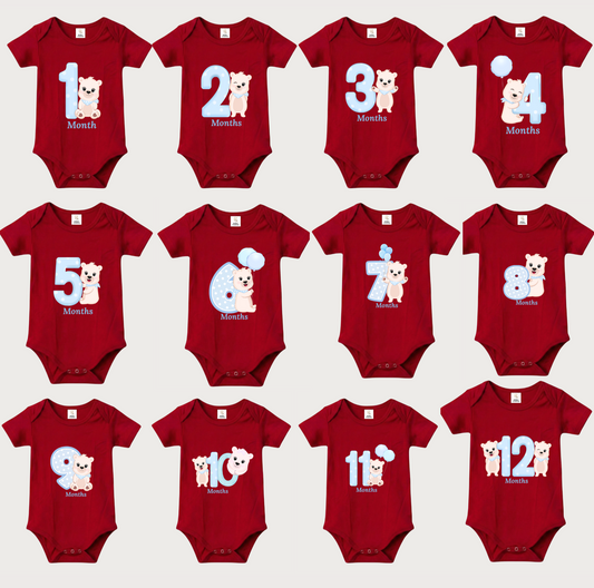 Unisex Baby Monthly Milestone Onesie Set (1-12 Months) - Blue Bear Rompers
