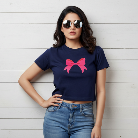 Navy Blue Crop Top With "Ribbon" Printed