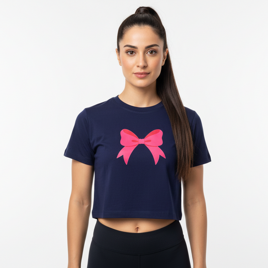 Navy Blue Crop Top With "Ribbon" Printed