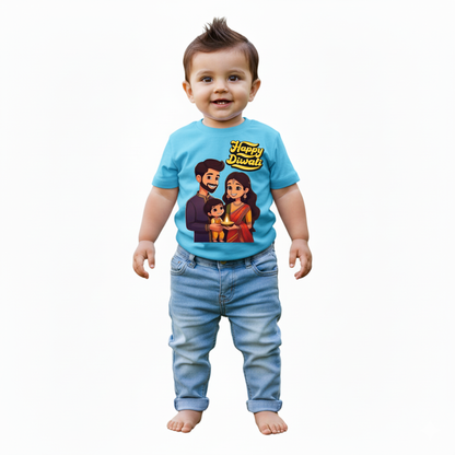 Baby's Sky Blue Infant T-shirt with Printed a "Happy Diwali" Design