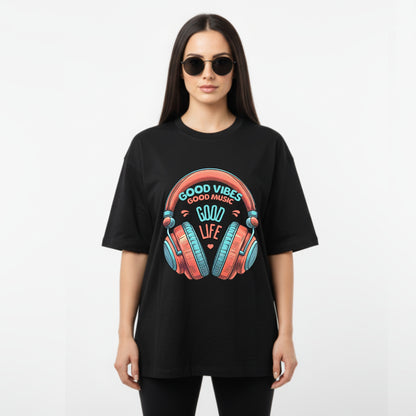WoMen's Oversized T-Shirt With "GoodVibesGoodTimes" Printed