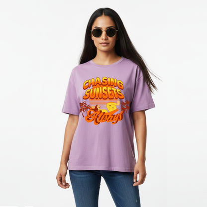 WoMen's Oversized T-Shirt With "Chasing Sunsets Always" Printed