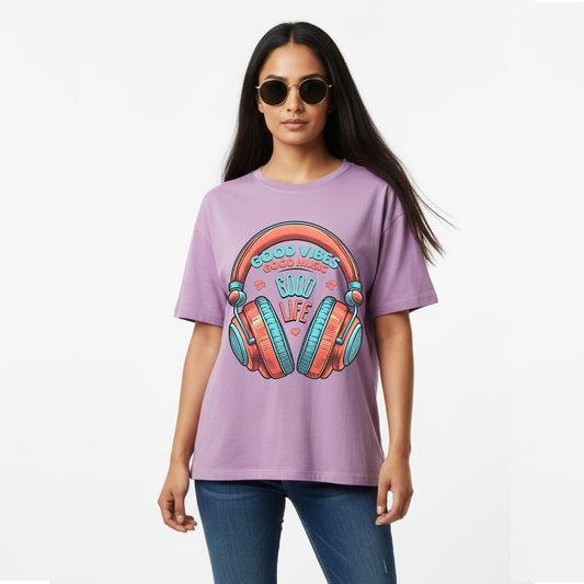 WoMen's Oversized T-Shirt With "GoodVibesGoodTimes" Printed