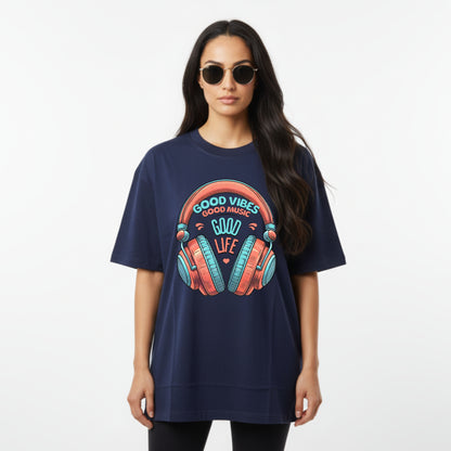 WoMen's Oversized T-Shirt With "GoodVibesGoodTimes" Printed