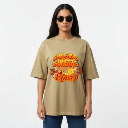 WoMen's Oversized T-Shirt With "Chasing Sunsets Always" Printed