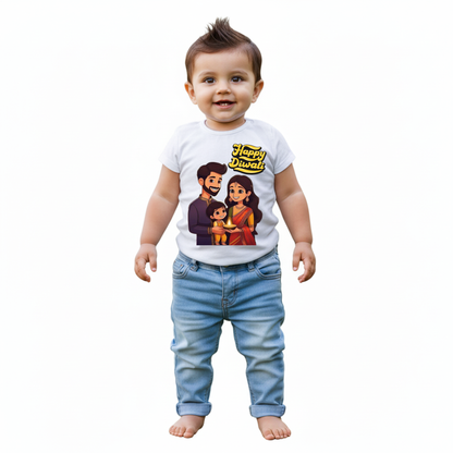 Baby's White Infant T-shirt with Printed a "Happy Diwali" Design