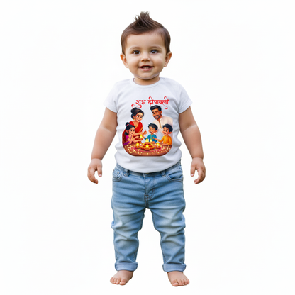 Baby's White Infant T-shirt with Printed a "Subh Deepawali" Design