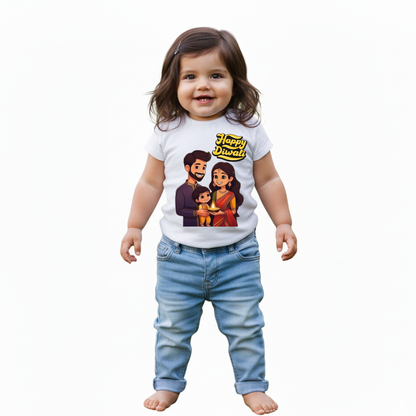 Baby's White Infant T-shirt with Printed a "Happy Diwali" Design