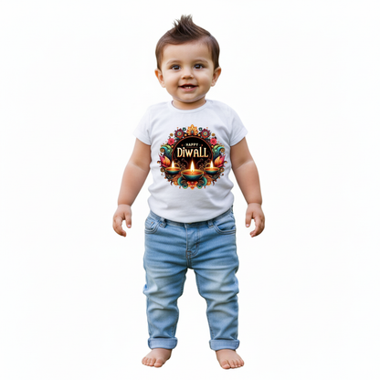 Baby's White Infant T-shirt with Printed a "Happy Diwali With Diya" Design