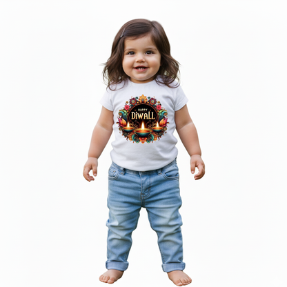 Baby's White Infant T-shirt with Printed a "Happy Diwali With Diya" Design